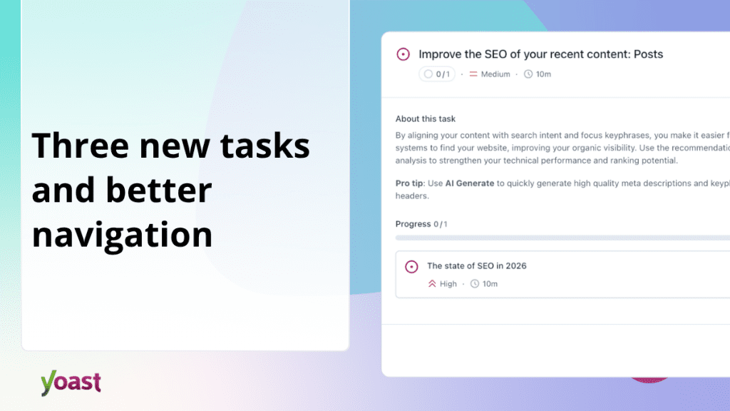 Three new tasks, better navigation, and a bug fix in the Yoast SEO Task List  • Yoast